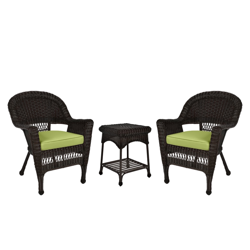 Jeco 3 Piece Wicker Conversation Set in Espresso with Green Cushions