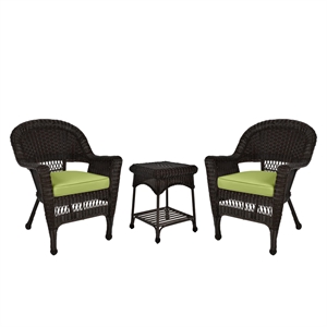 Jeco 3 Piece Wicker Conversation Set in Espresso with Green Cushions
