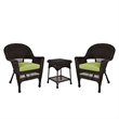 Jeco 3 Piece Wicker Conversation Set in Espresso with Green Cushions