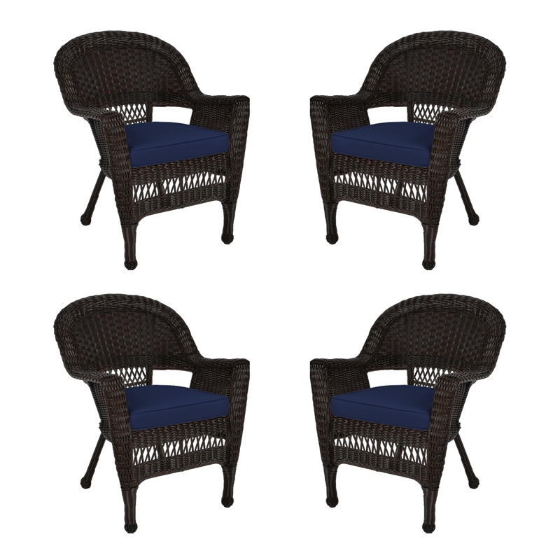 Jeco Wicker Chair in Espresso with Blue Cushion (Set of 4)