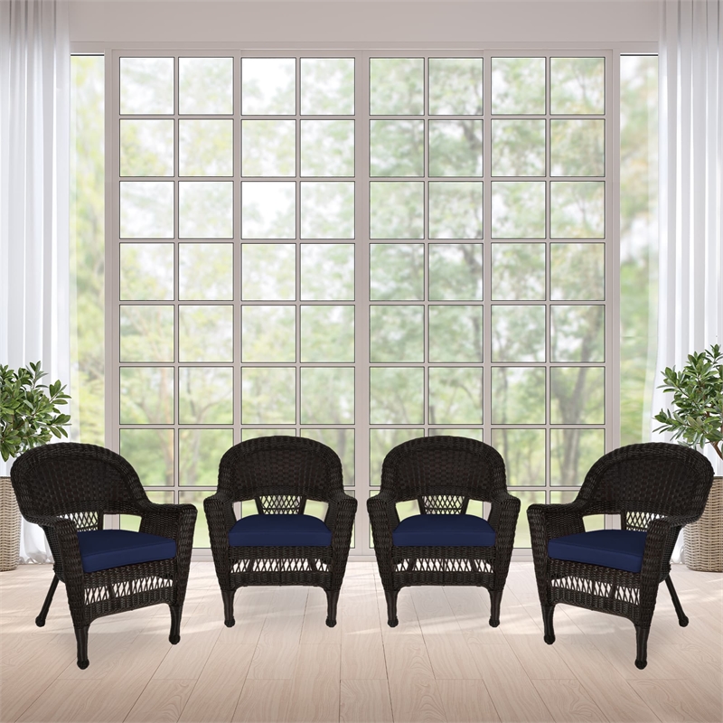 Jeco Wicker Chair in Espresso with Blue Cushion (Set of 4)