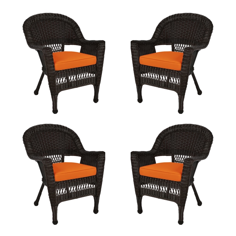 Jeco Wicker Chair in Espresso with Orange Cushion (Set of 4)