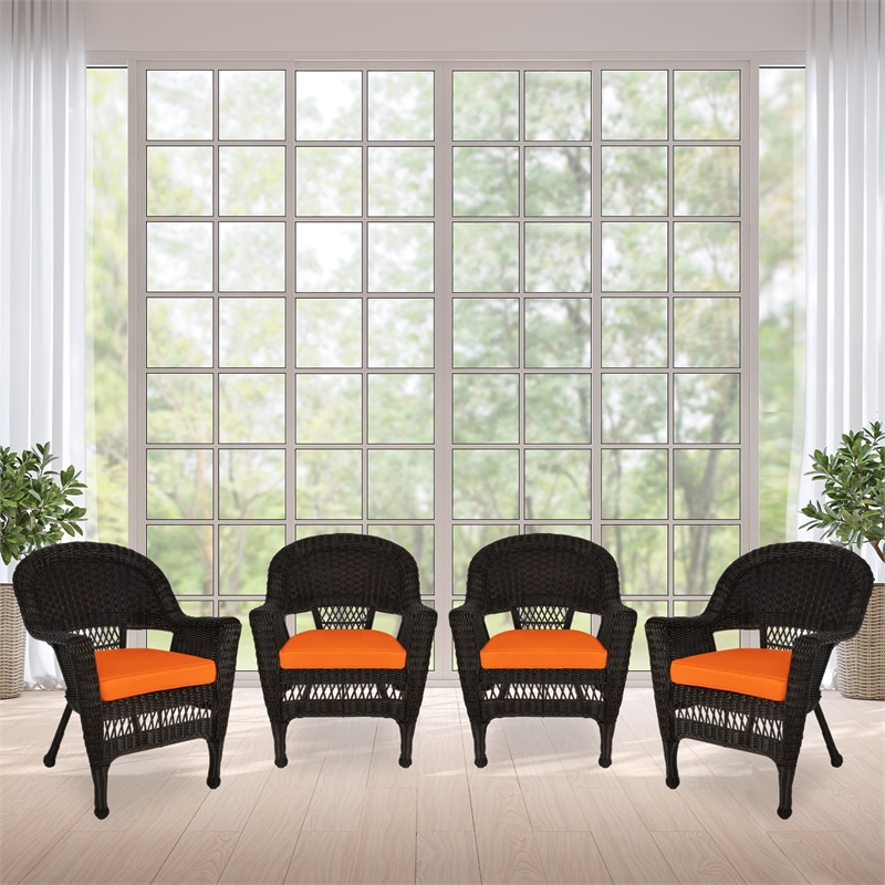 Jeco Wicker Chair in Espresso with Orange Cushion (Set of 4)