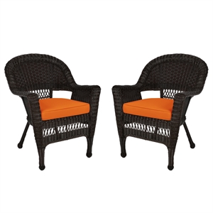 Jeco Wicker Chair in Espresso with Orange Cushion (Set of 2)
