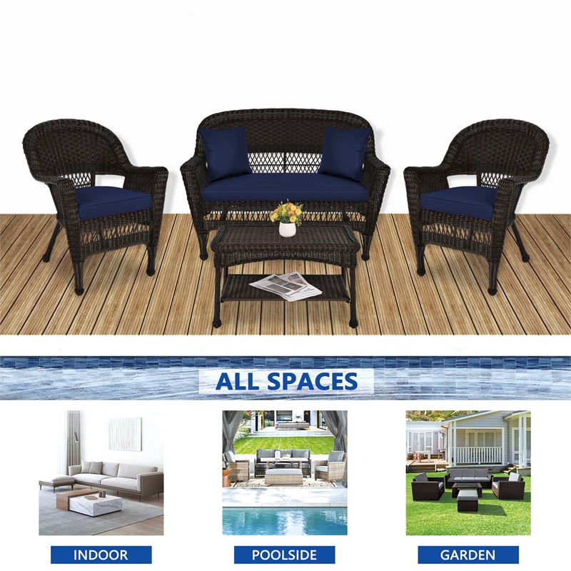 Jeco 4pc Wicker Conversation Set in Espresso with Navy Blue Cushions