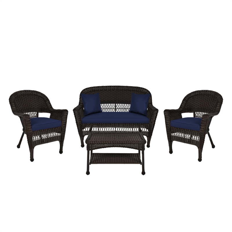 Jeco 4pc Wicker Conversation Set in Espresso with Navy Blue Cushions
