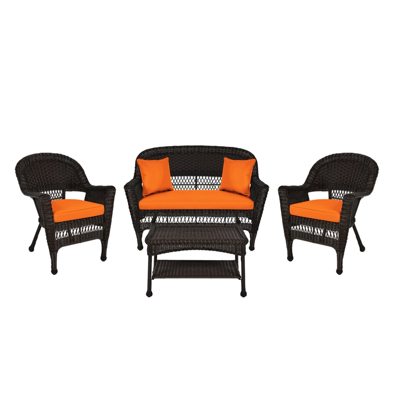 Jeco 4pc Wicker Conversation Set in Espresso with Brick Orange Cushions