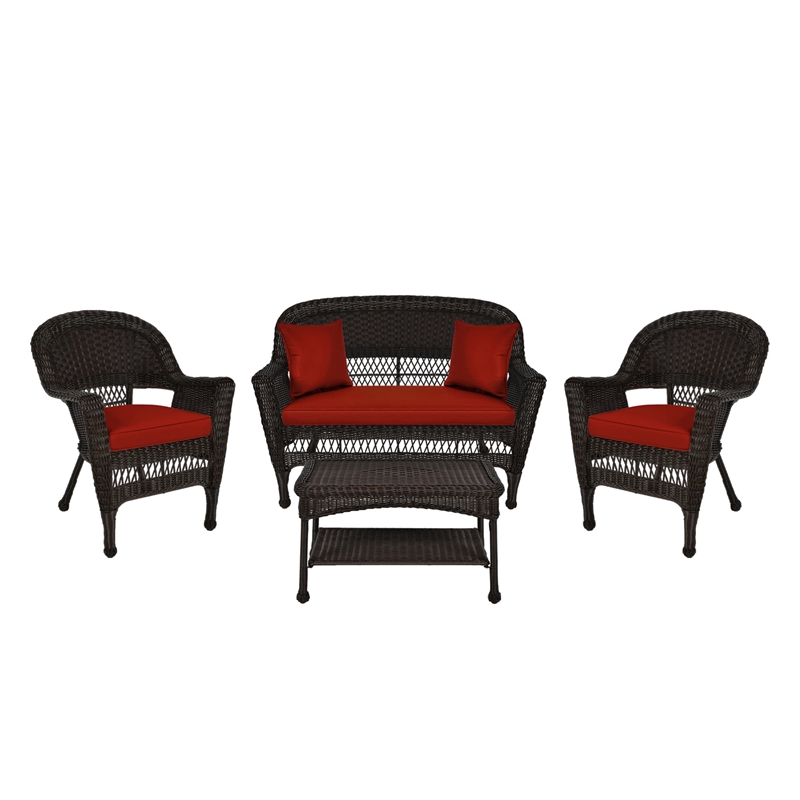 Jeco 4pc Wicker Conversation Set in Espresso with Red Orange Cushions
