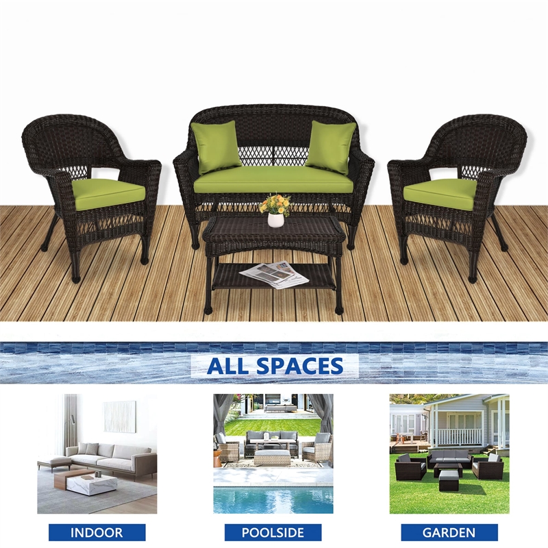 Jeco 4pc Wicker Conversation Set in Espresso with Green Cushions
