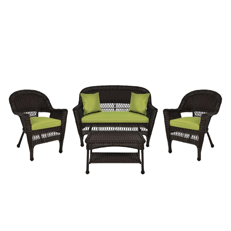 Jeco 4pc Wicker Conversation Set in Espresso with Green Cushions