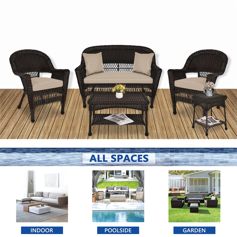 Jeco 5pc Wicker Conversation Set in Espresso with Tan Cushion
