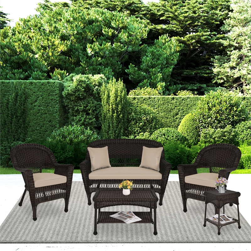 Jeco 5pc Wicker Conversation Set in Espresso with Tan Cushion