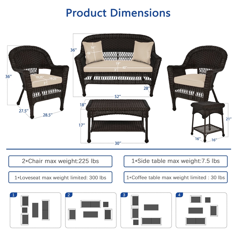 Jeco 5pc Wicker Conversation Set in Espresso with Tan Cushion