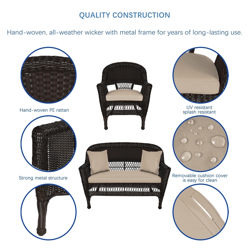 Jeco 5pc Wicker Conversation Set in Espresso with Tan Cushion