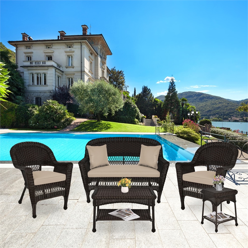 Jeco 5pc Wicker Conversation Set in Espresso with Tan Cushion