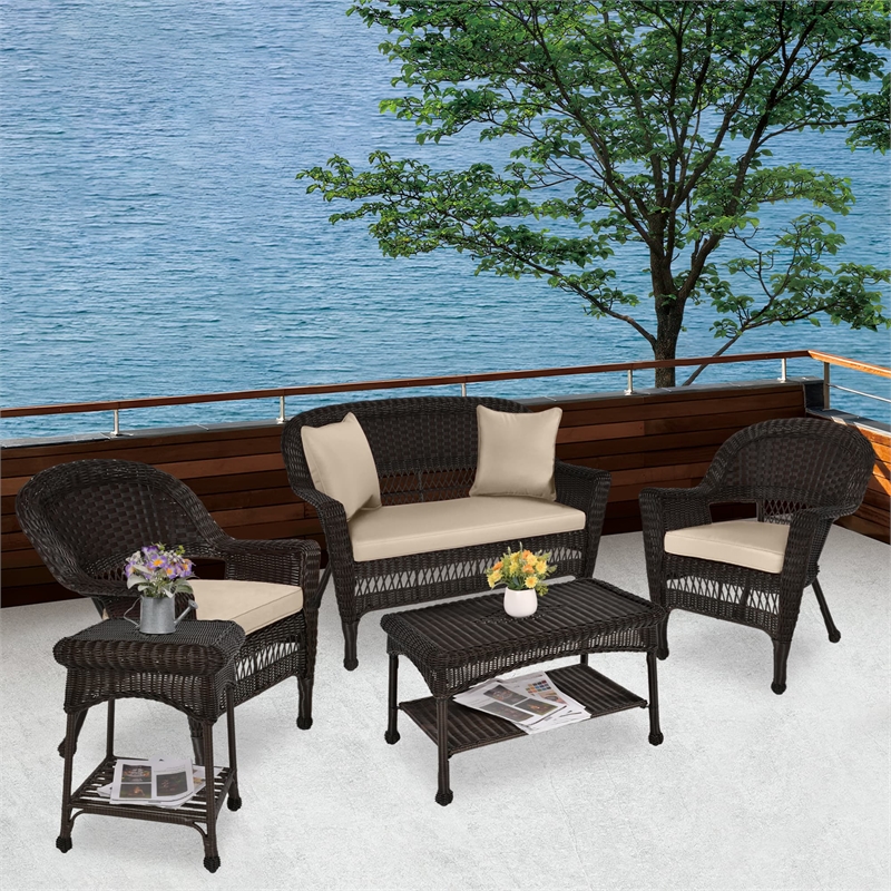 Jeco 5pc Wicker Conversation Set in Espresso with Tan Cushion