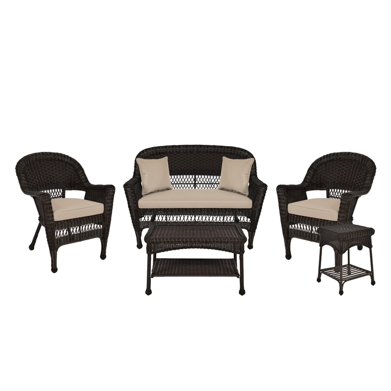 Jeco 5pc Wicker Conversation Set in Espresso with Tan Cushion