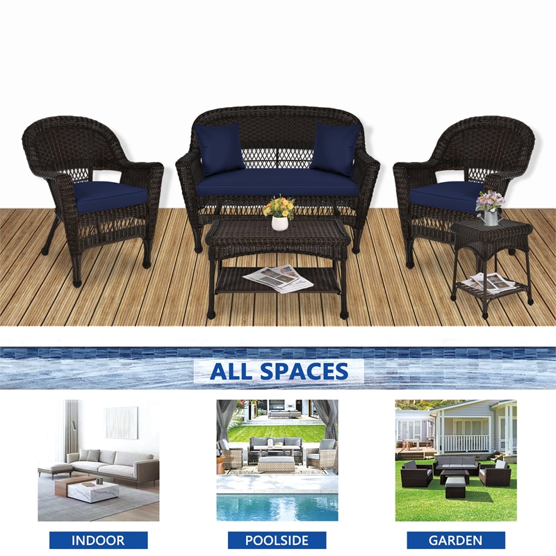 Jeco 5pc Wicker Conversation Set in Espresso with Blue Cushions