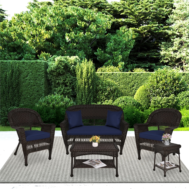 Jeco 5pc Wicker Conversation Set in Espresso with Blue Cushions