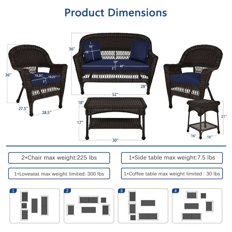 Jeco 5pc Wicker Conversation Set in Espresso with Blue Cushions