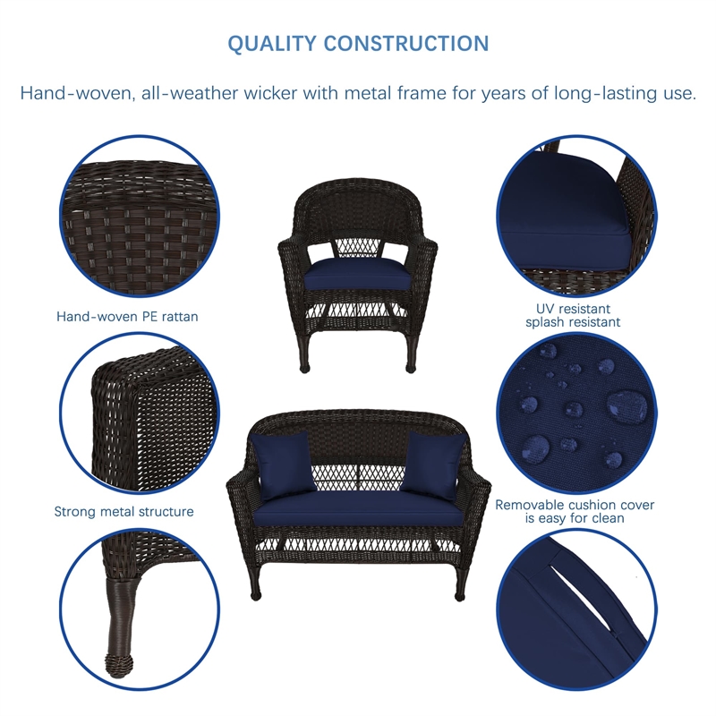 Jeco 5pc Wicker Conversation Set in Espresso with Blue Cushions