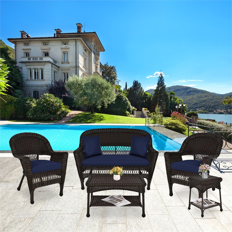 Jeco 5pc Wicker Conversation Set in Espresso with Blue Cushions