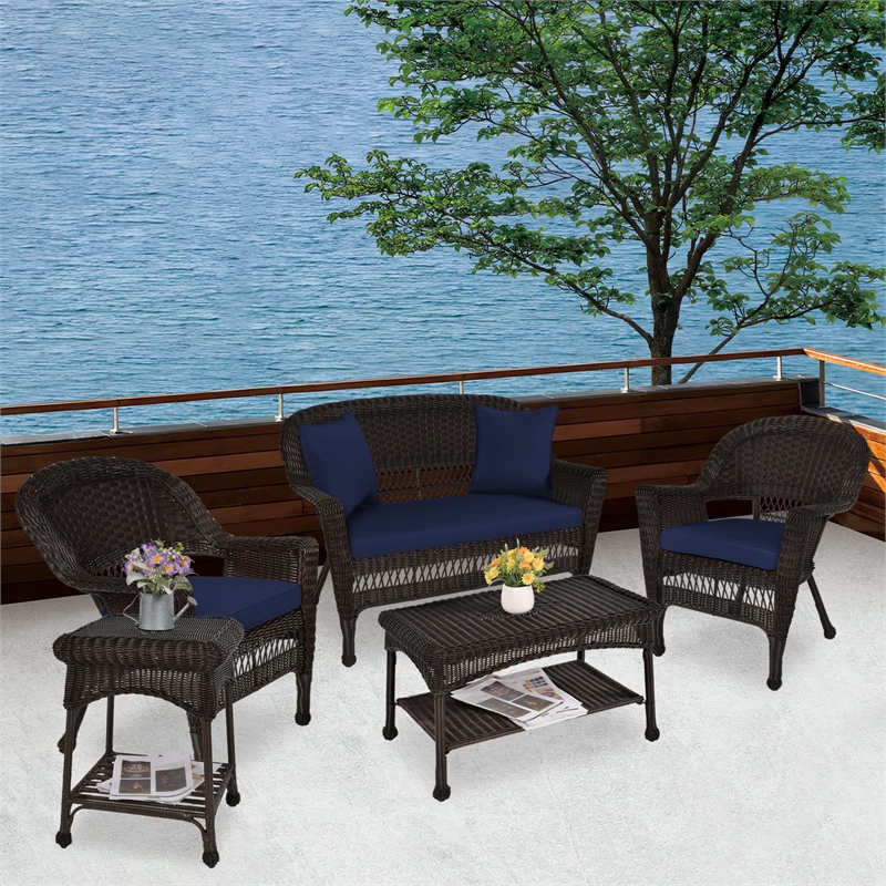 Jeco 5pc Wicker Conversation Set in Espresso with Blue Cushions