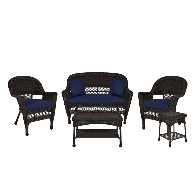 Jeco 5pc Wicker Conversation Set in Espresso with Blue Cushions