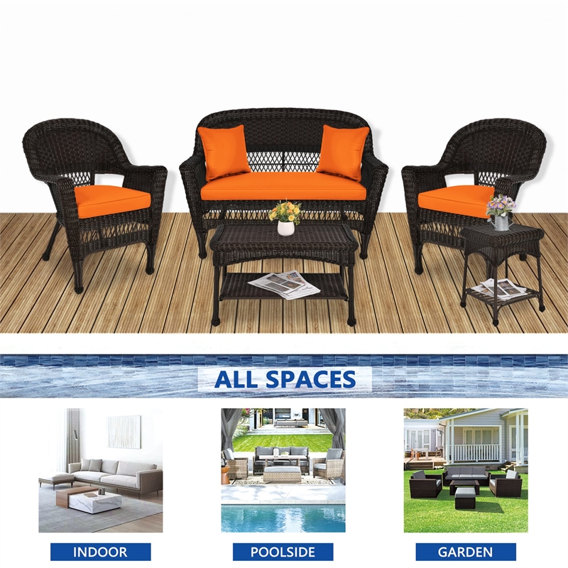 Jeco 5pc Wicker Conversation Set in Espresso with Orange Cushions