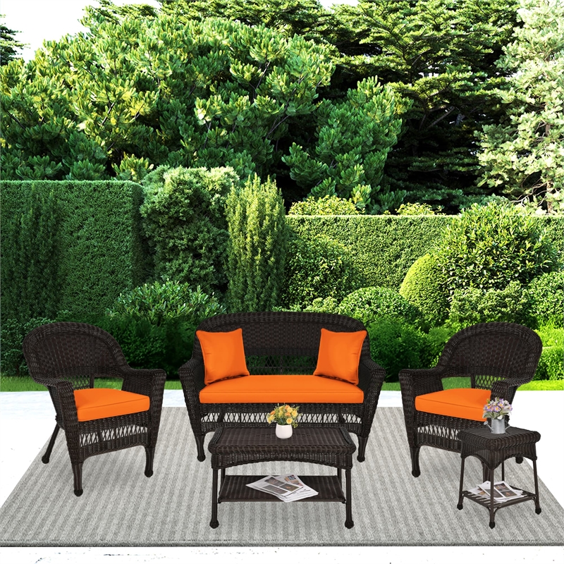 Jeco 5pc Wicker Conversation Set in Espresso with Orange Cushions