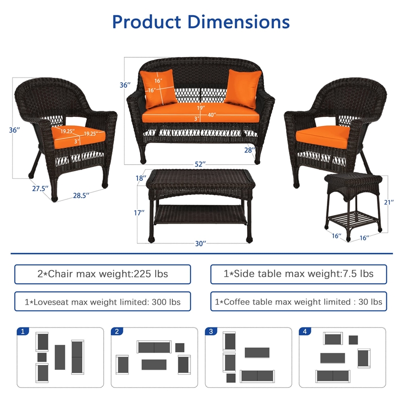 Jeco 5pc Wicker Conversation Set in Espresso with Orange Cushions