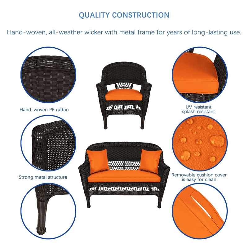 Jeco 5pc Wicker Conversation Set in Espresso with Orange Cushions