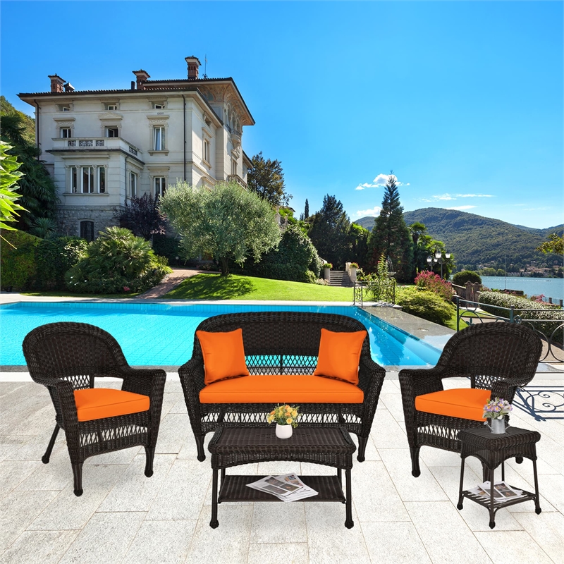 Jeco 5pc Wicker Conversation Set in Espresso with Orange Cushions