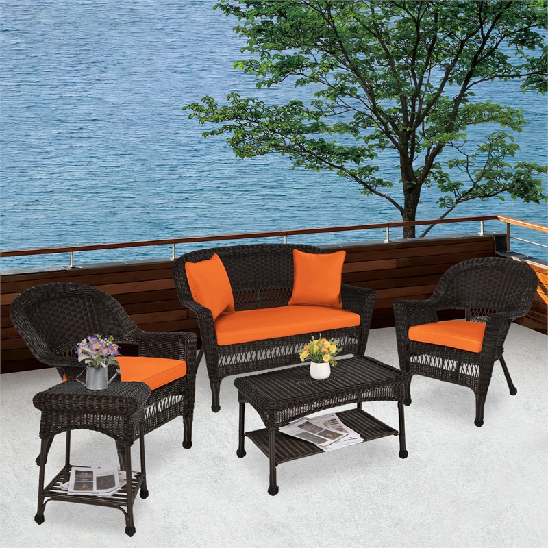 Jeco 5pc Wicker Conversation Set in Espresso with Orange Cushions