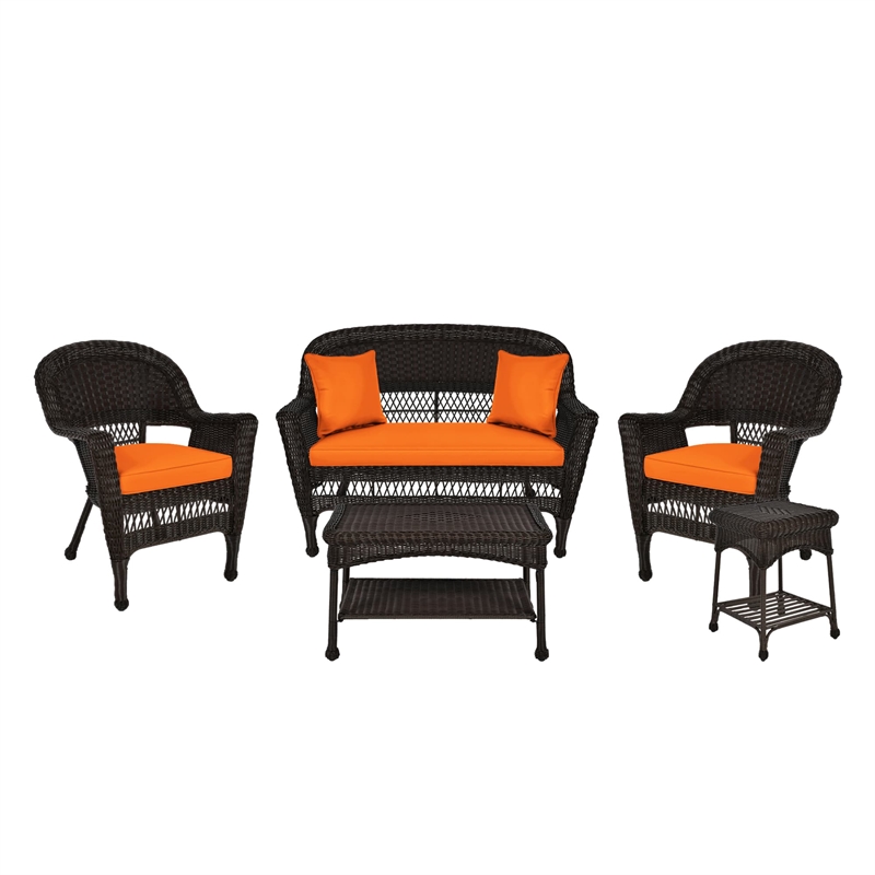 Jeco 5pc Wicker Conversation Set in Espresso with Orange Cushions