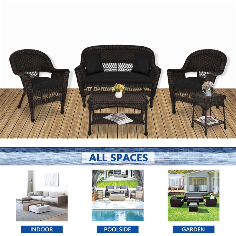 Jeco 5pc Wicker Conversation Set in Espresso with Black Cushions