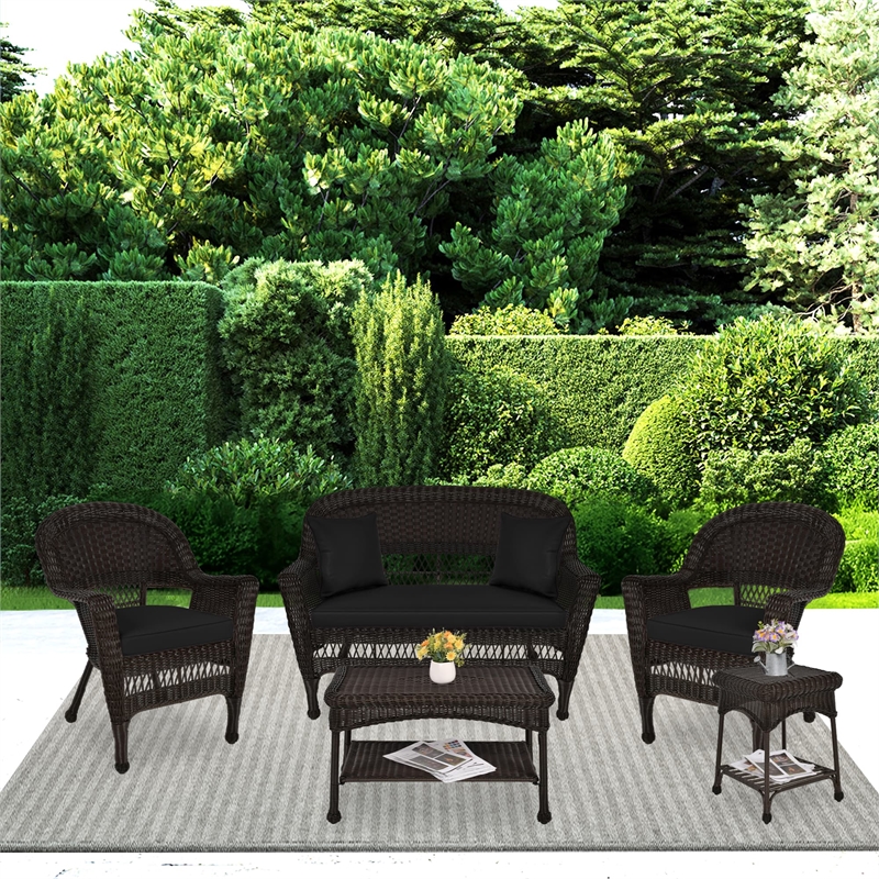 Jeco 5pc Wicker Conversation Set in Espresso with Black Cushions
