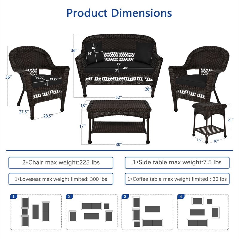 Jeco 5pc Wicker Conversation Set in Espresso with Black Cushions