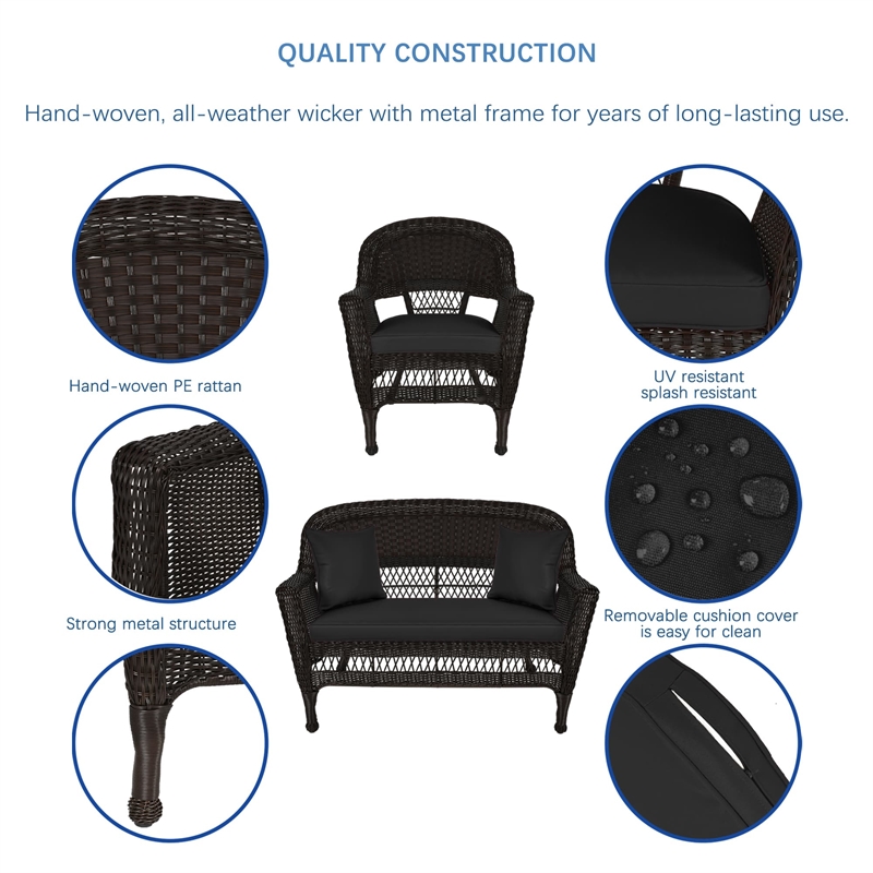 Jeco 5pc Wicker Conversation Set in Espresso with Black Cushions