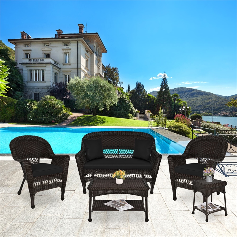 Jeco 5pc Wicker Conversation Set in Espresso with Black Cushions