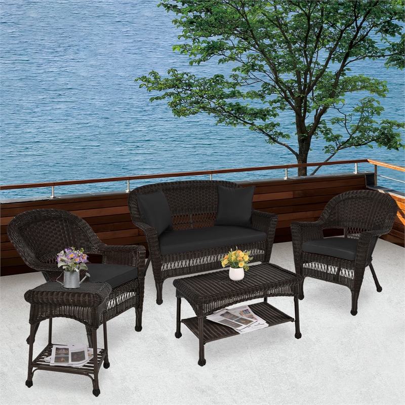 Jeco 5pc Wicker Conversation Set in Espresso with Black Cushions