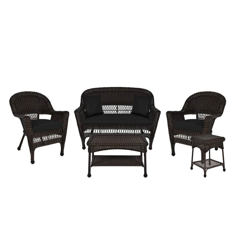 Jeco 5pc Wicker Conversation Set in Espresso with Black Cushions
