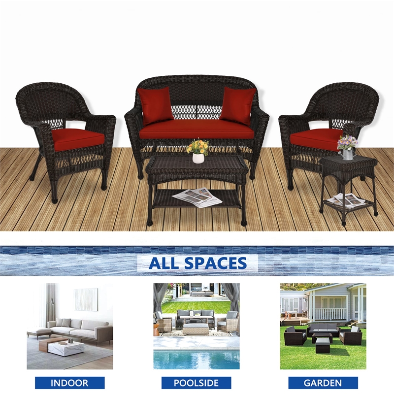 Jeco 5pc Wicker Conversation Set in Espresso with Red Orange Cushions