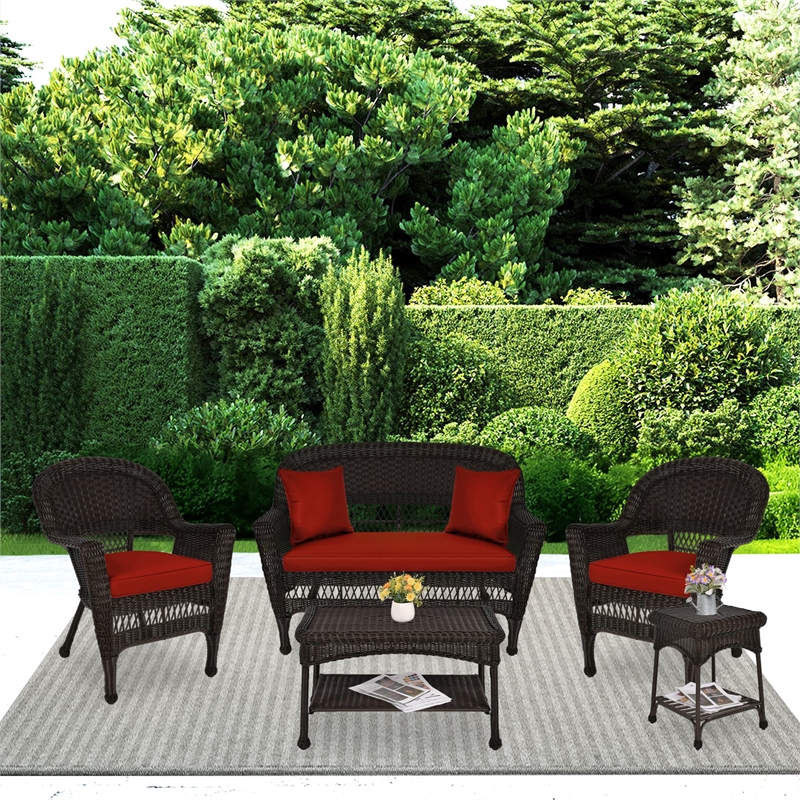 Jeco 5pc Wicker Conversation Set in Espresso with Red Orange Cushions