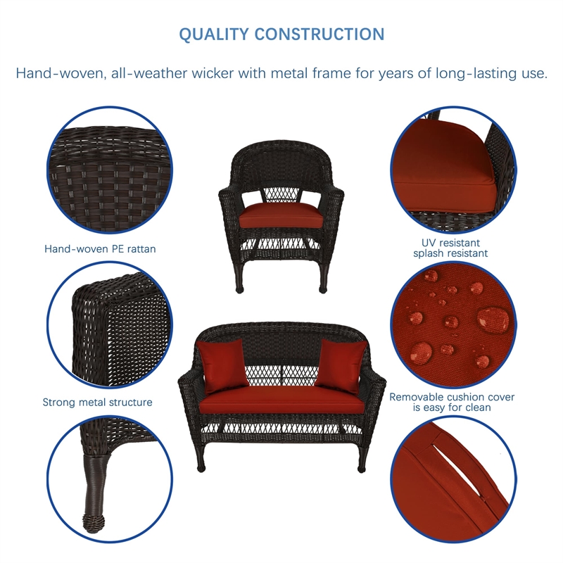 Jeco 5pc Wicker Conversation Set in Espresso with Red Orange Cushions