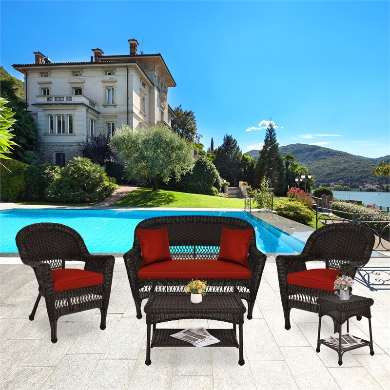 Jeco 5pc Wicker Conversation Set in Espresso with Red Orange Cushions