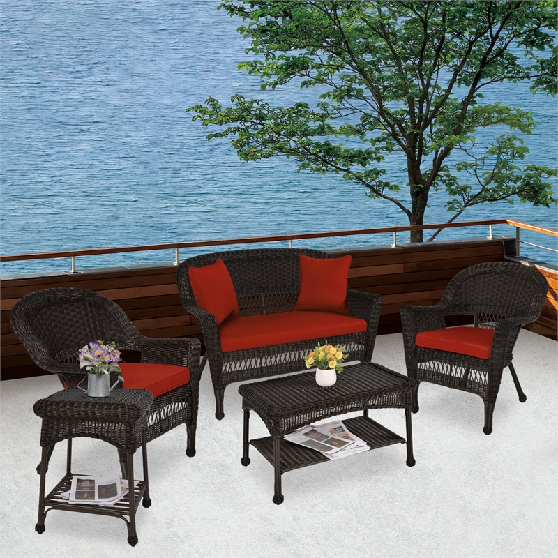 Jeco 5pc Wicker Conversation Set in Espresso with Red Orange Cushions