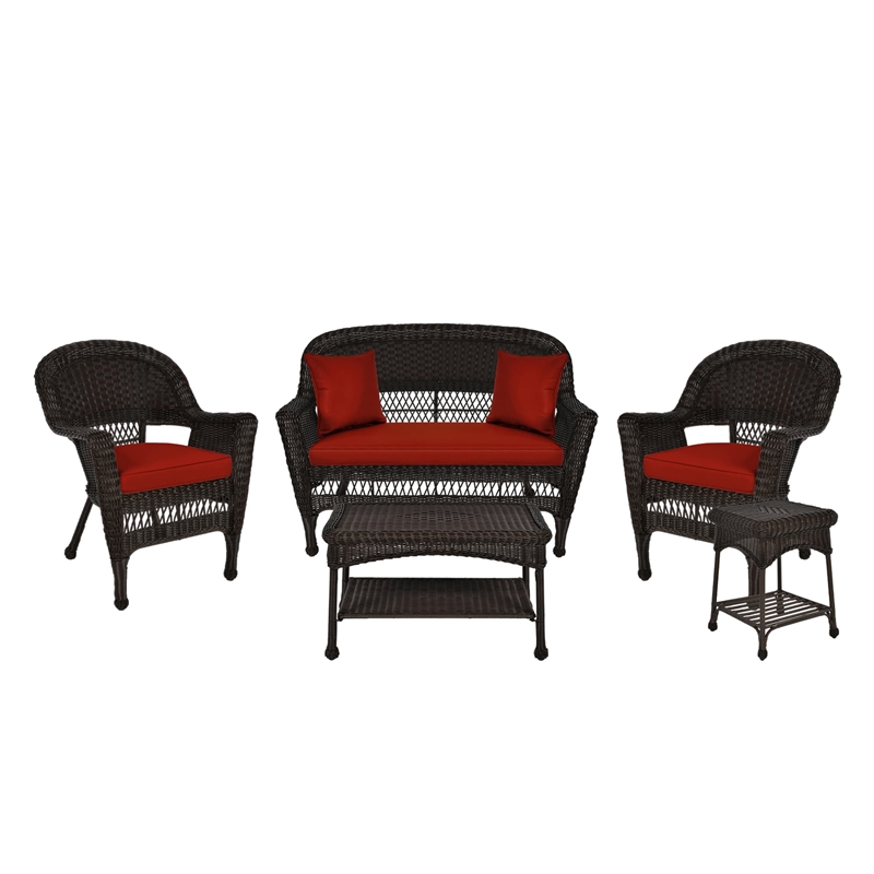 Jeco 5pc Wicker Conversation Set in Espresso with Red Orange Cushions