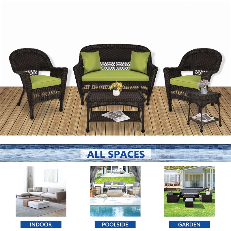 Jeco 5pc Wicker Conversation Set in Espresso with Green Cushions