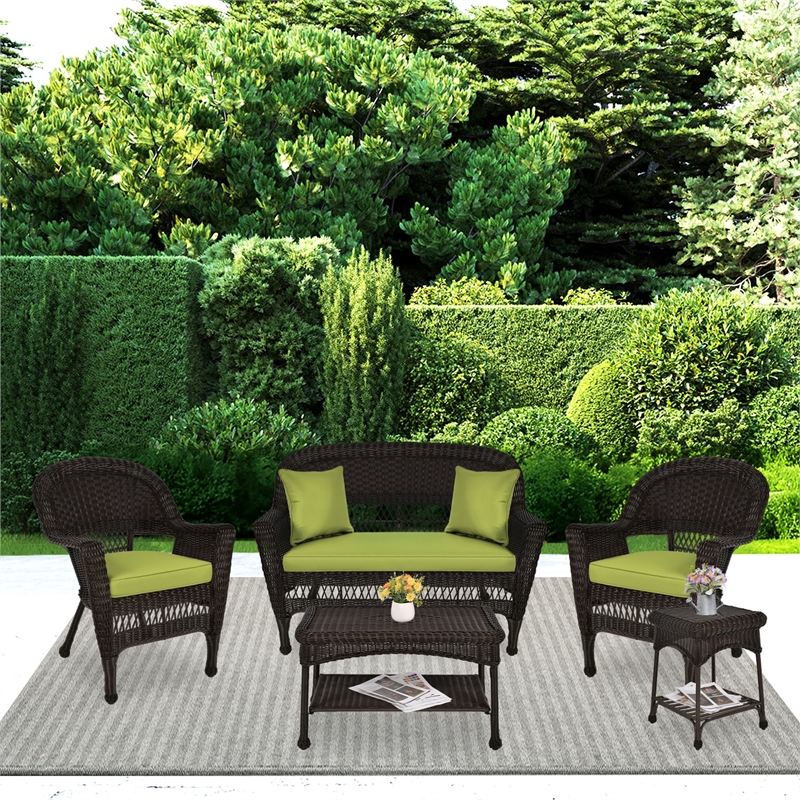 Jeco 5pc Wicker Conversation Set in Espresso with Green Cushions